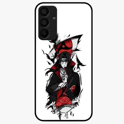 Itachi Sharingan Glass Case showing flat back view with powerful anime eye artwork and glossy glass finish.
