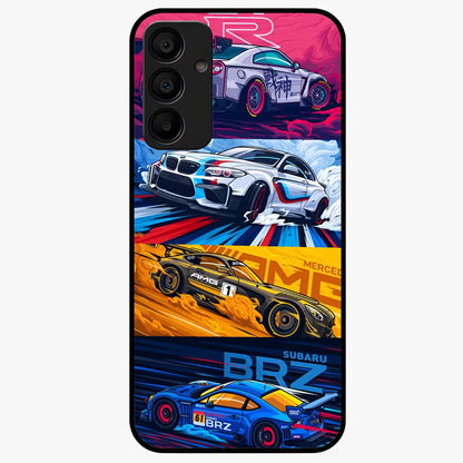 JDM Sports Car Glass Case showing flat back view with high performance sports car artwork and glossy glass finish.