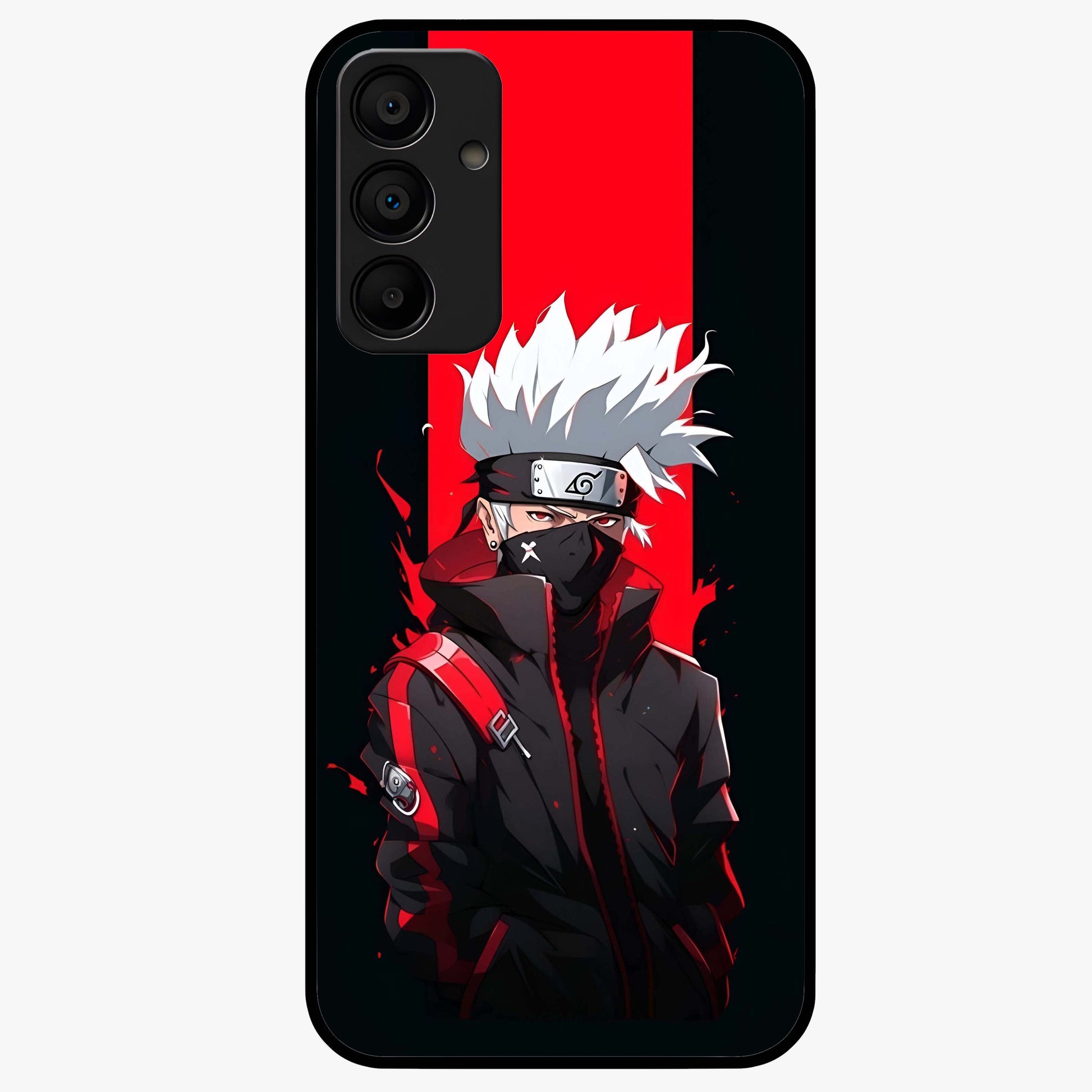 Kakashi Scarlet Shadow Glass Case showing flat back view with powerful anime ninja artwork and glossy glass finish.
