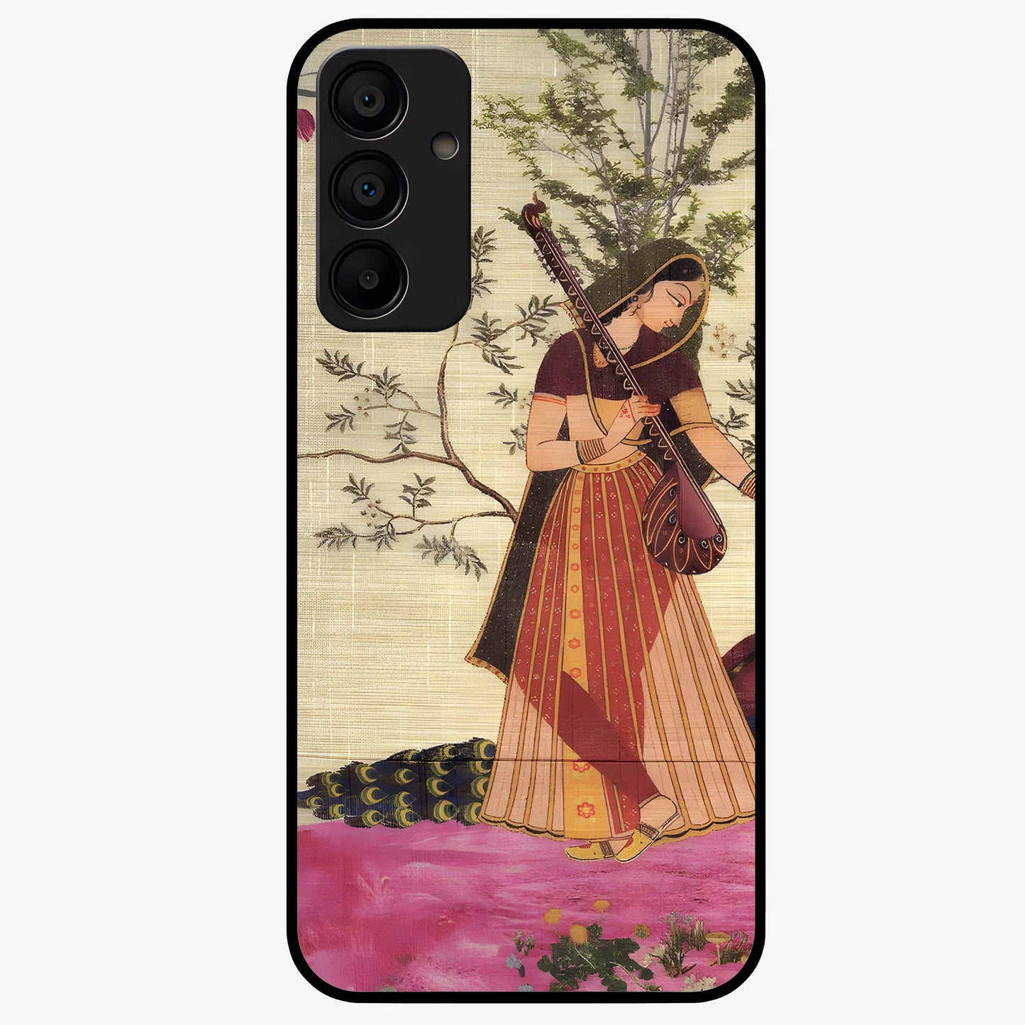 Lady With Veena Art Glass Case showing flat back view with elegant woman playing veena artwork and glossy glass finish.