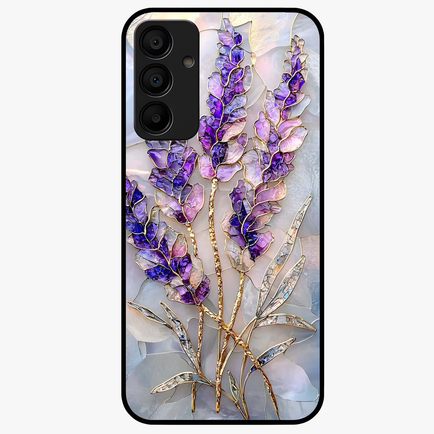 Lavender Dream Glow Glass Case showing flat back view with glowing lavender aesthetic artwork and glossy glass finish.
