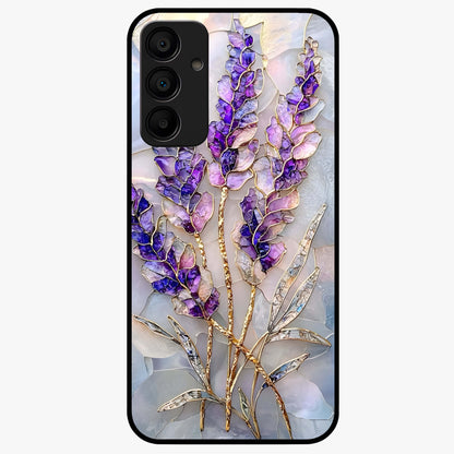 Lavender Dream Glow Glass Case showing flat back view with glowing lavender aesthetic artwork and glossy glass finish.