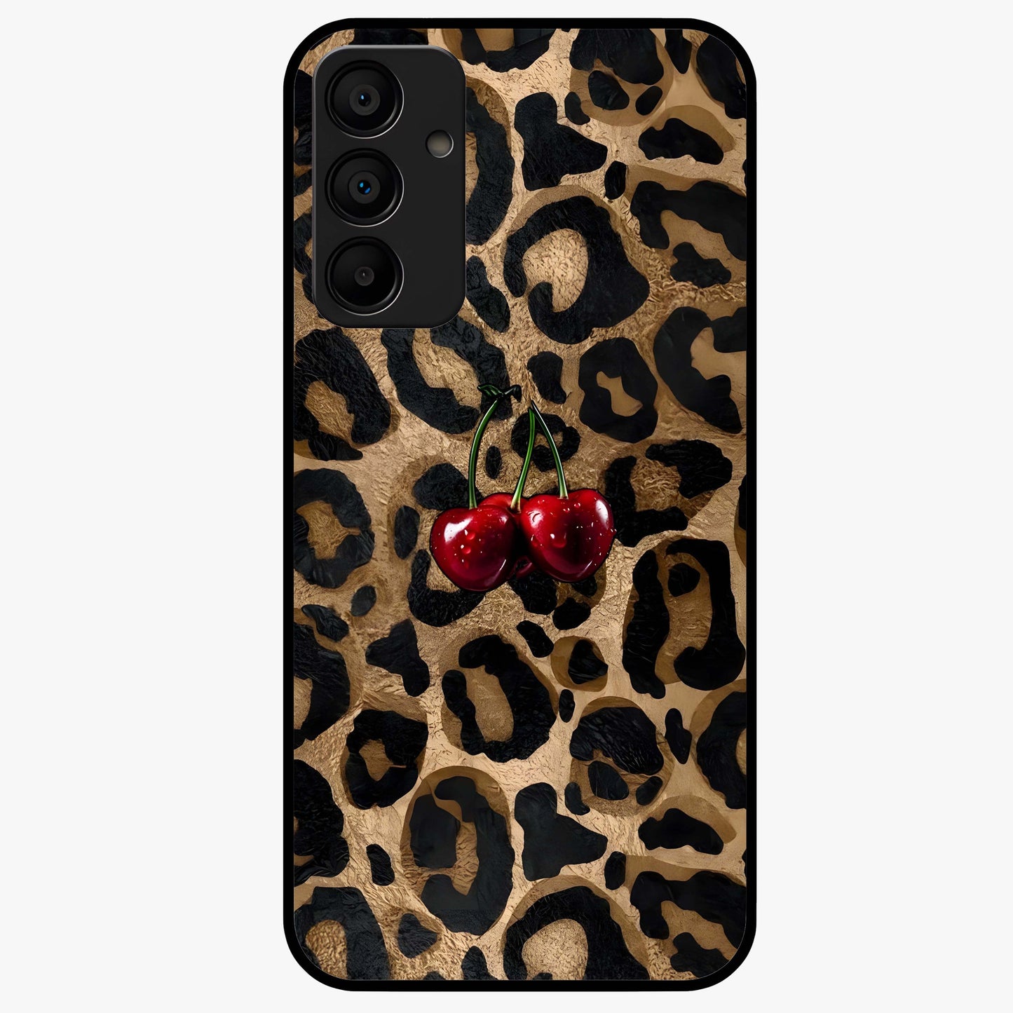 Leopard Wild Cherry Glass Case showing flat back view with leopard pattern and cherry artwork and glossy glass finish.