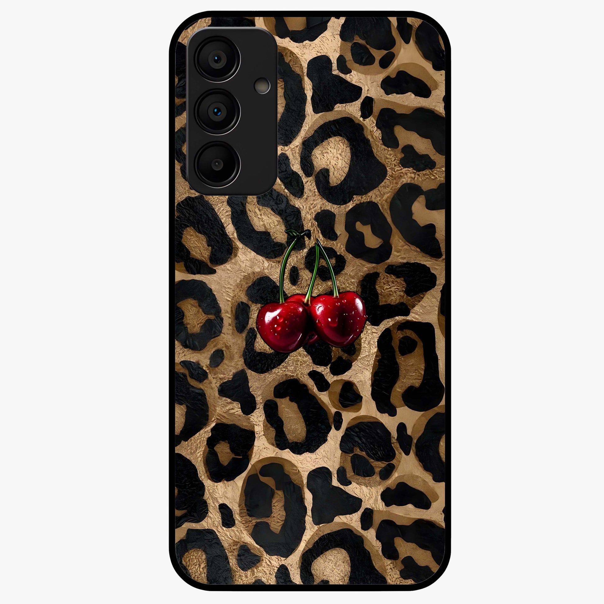 Leopard Wild Cherry Glass Case showing flat back view with leopard pattern and cherry artwork and glossy glass finish.