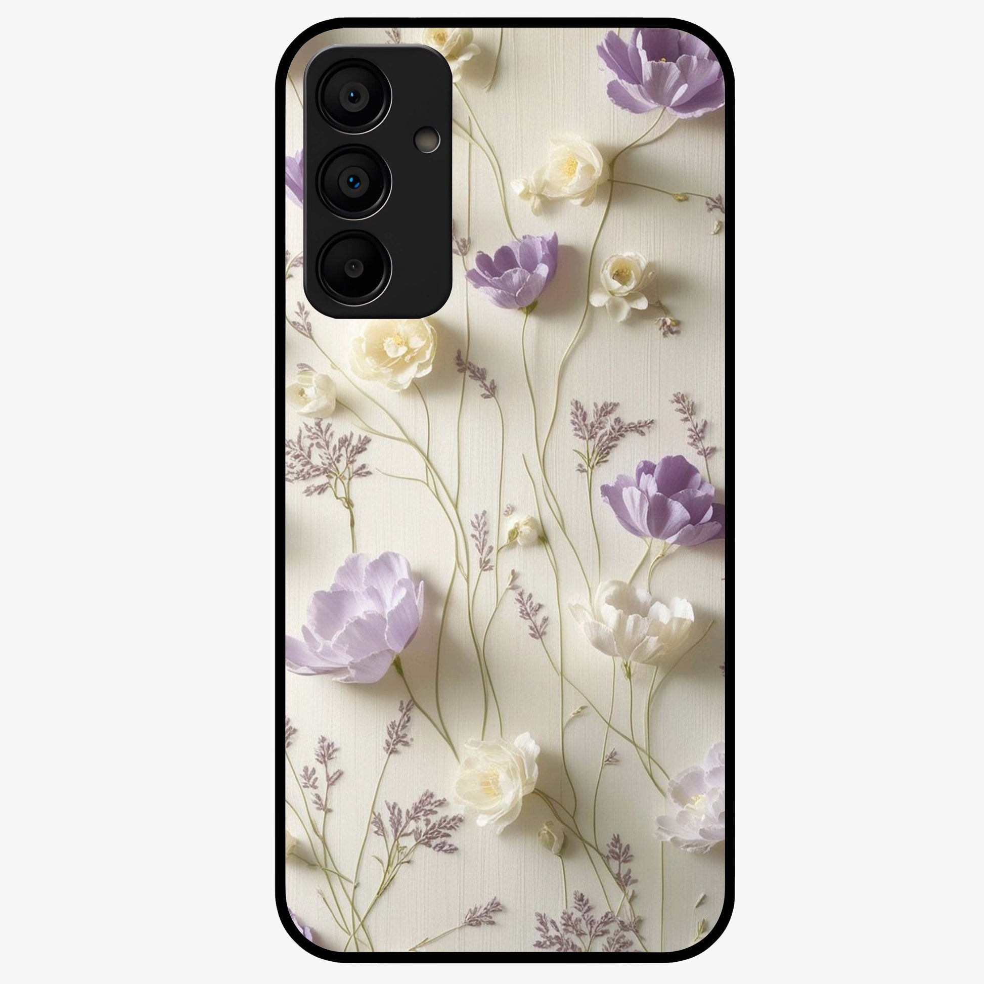 Lilac Breeze Harmony Glass Case showing flat back view with soft lilac themed artwork and glossy glass finish.