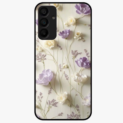 Lilac Breeze Harmony Glass Case showing flat back view with soft lilac themed artwork and glossy glass finish.