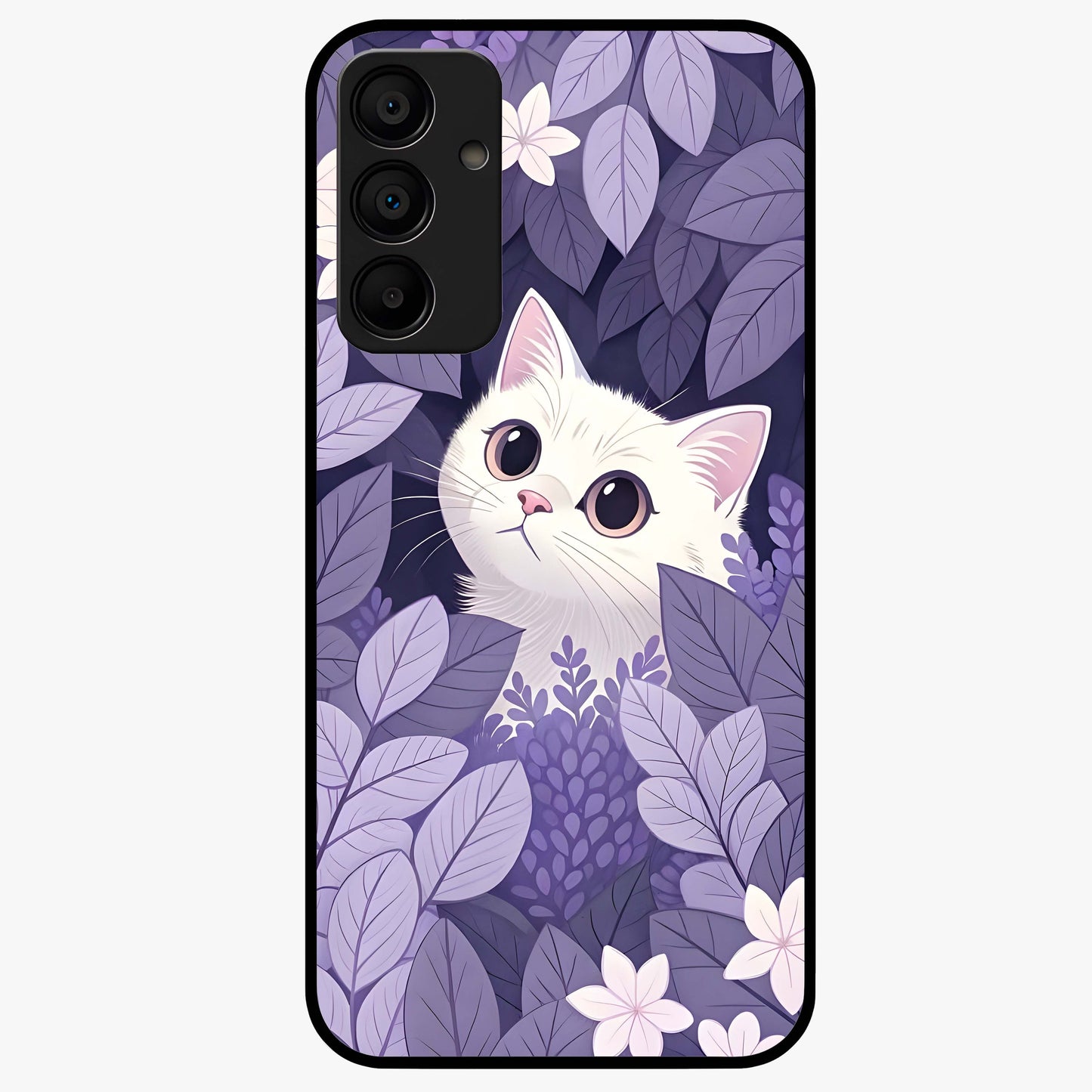 Lilac Hide Peek Cat Glass Case showing flat back view with cute peeking cat artwork and glossy glass finish.
