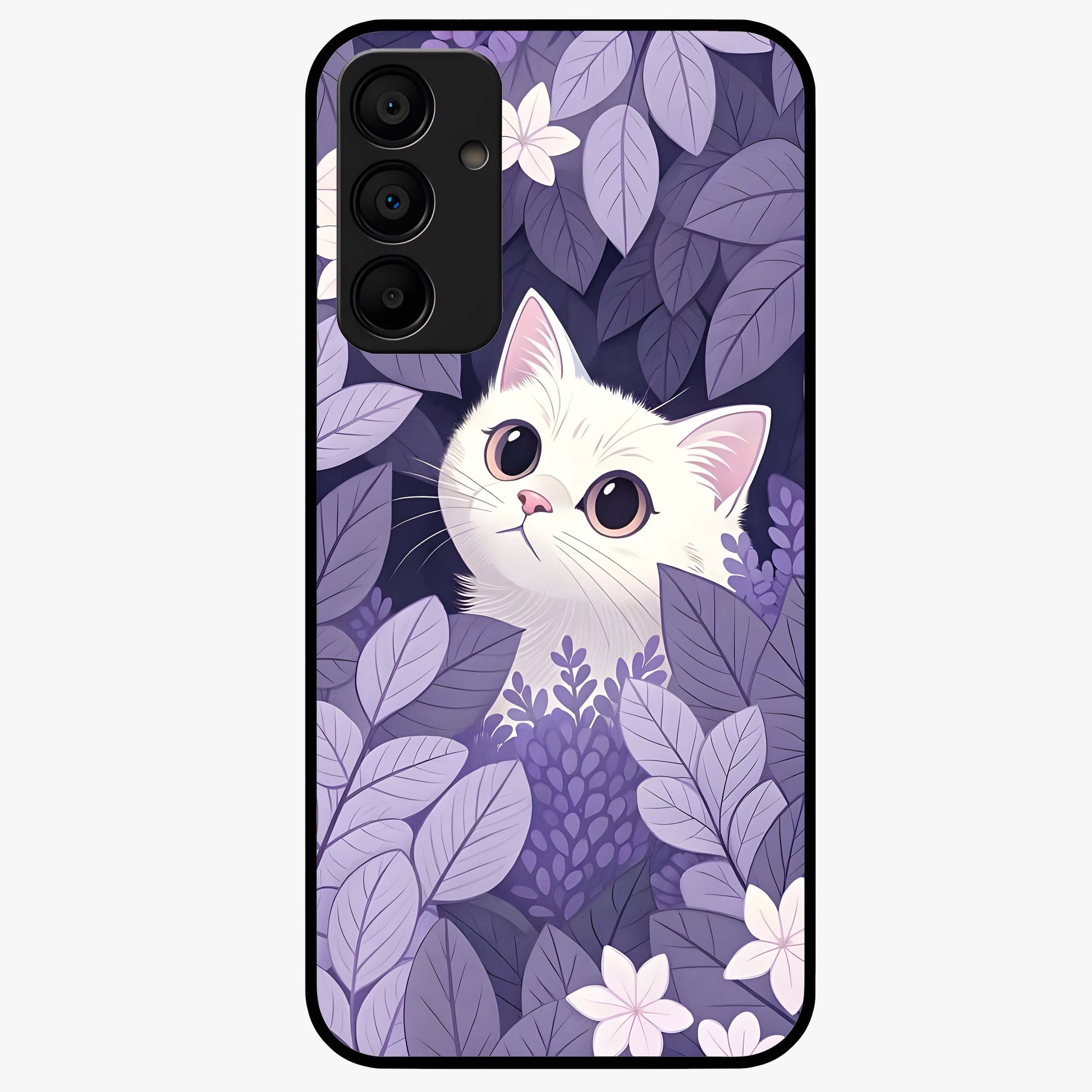 Lilac Hide Peek Cat Glass Case showing flat back view with cute peeking cat artwork and glossy glass finish.