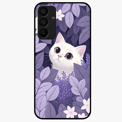 Lilac Hide Peek Cat Glass Case showing flat back view with cute peeking cat artwork and glossy glass finish.
