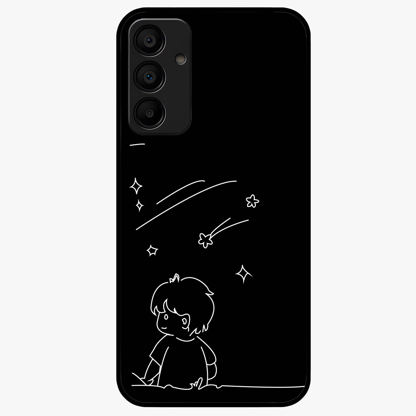Line Art Boy With Shooting Stars Glass Case showing flat back view with minimal line art boy and shooting stars illustration and glossy glass finish.