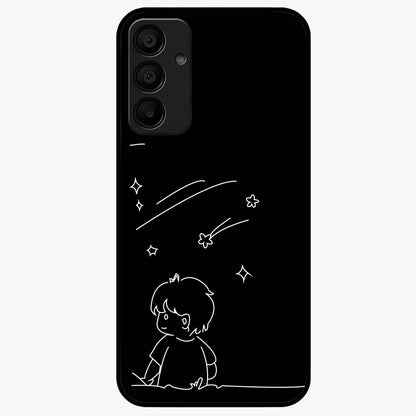 Line Art Boy With Shooting Stars Glass Case showing flat back view with minimal line art boy and shooting stars illustration and glossy glass finish.