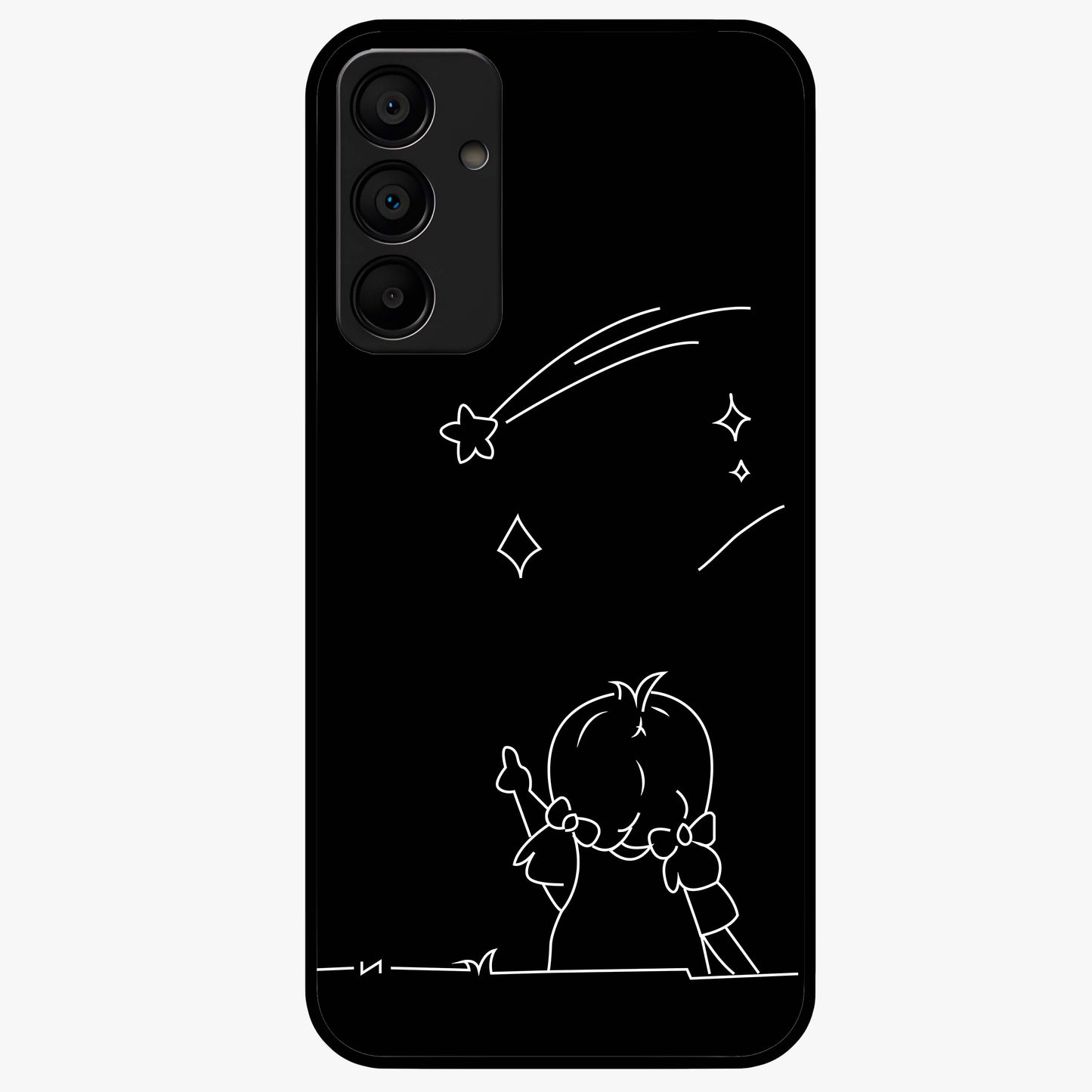 Line Art Girl With Shooting Stars Glass Case showing flat back view with minimal line art girl and shooting stars illustration and glossy glass finish.