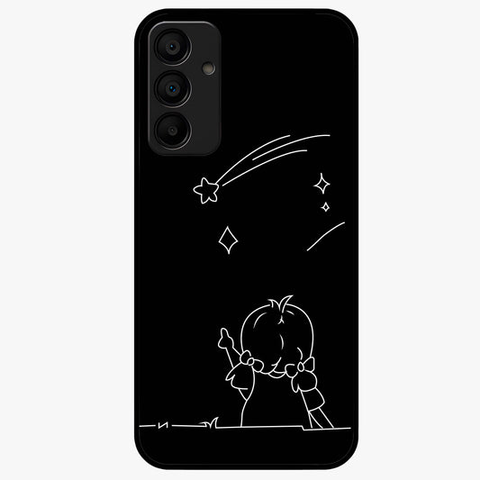 Line Art Girl With Shooting Stars Glass Case showing flat back view with minimal line art girl and shooting stars illustration and glossy glass finish.