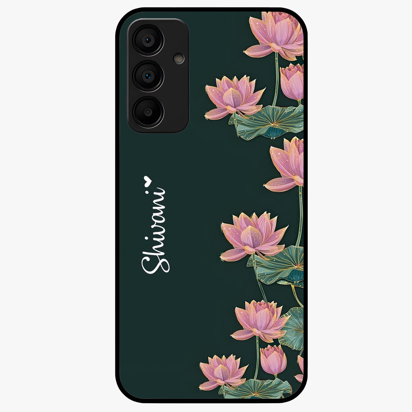 Lotus Bloom Serenity Custom Name Glass Case showing flat back view with elegant lotus flower artwork and personalized name design.