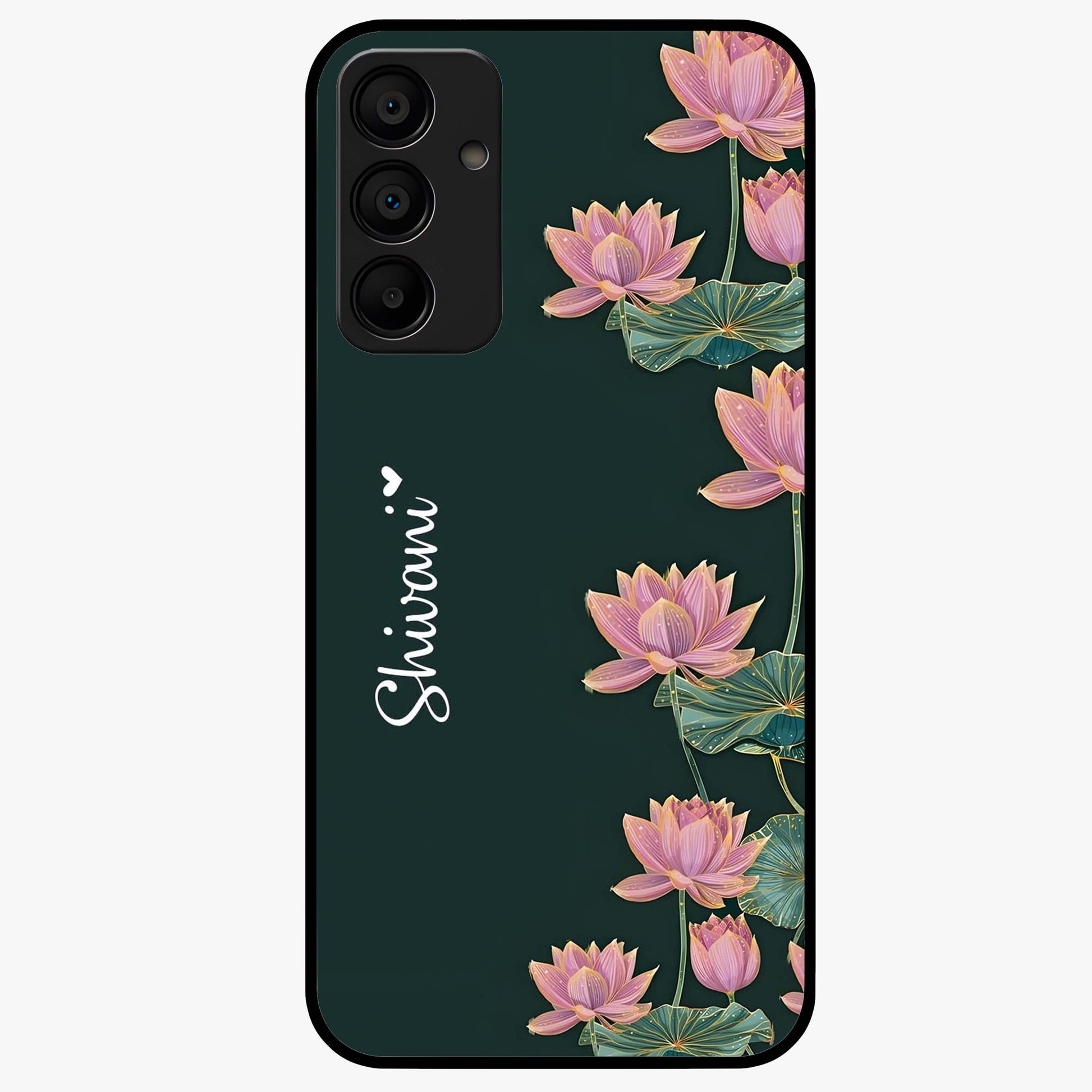 Lotus Bloom Serenity Custom Name Glass Case showing flat back view with elegant lotus flower artwork and personalized name design.