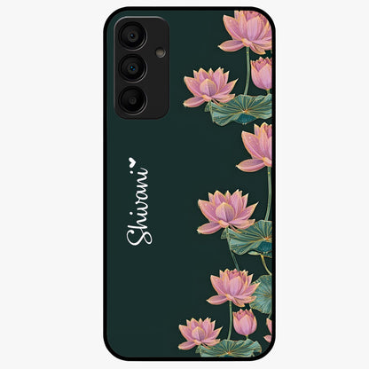 Lotus Bloom Serenity Custom Name Glass Case showing flat back view with elegant lotus flower artwork and personalized name design.