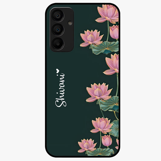 Lotus Bloom Serenity Custom Name Glass Case showing flat back view with elegant lotus flower artwork and personalized name design.