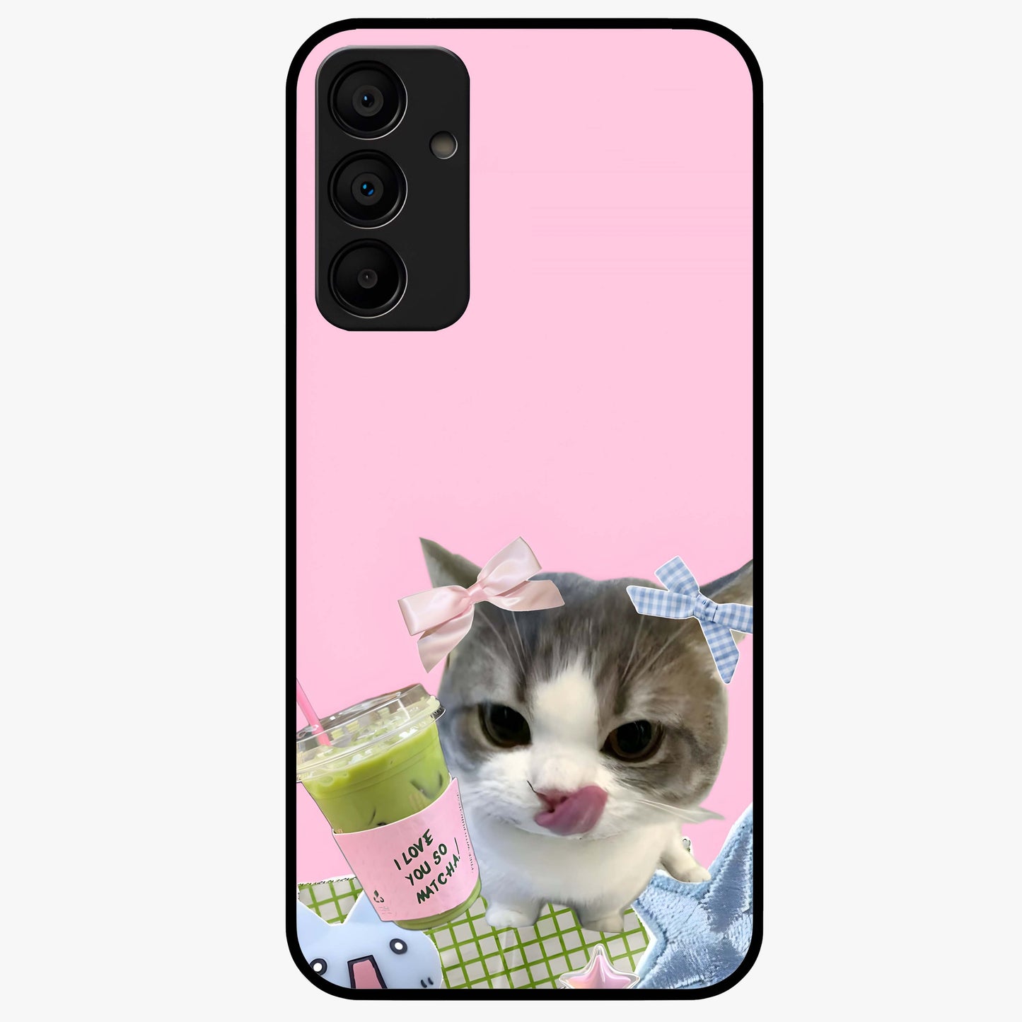 Love Matcha Cat Glass Case showing flat back view with cute cat and matcha themed artwork and glossy glass finish.