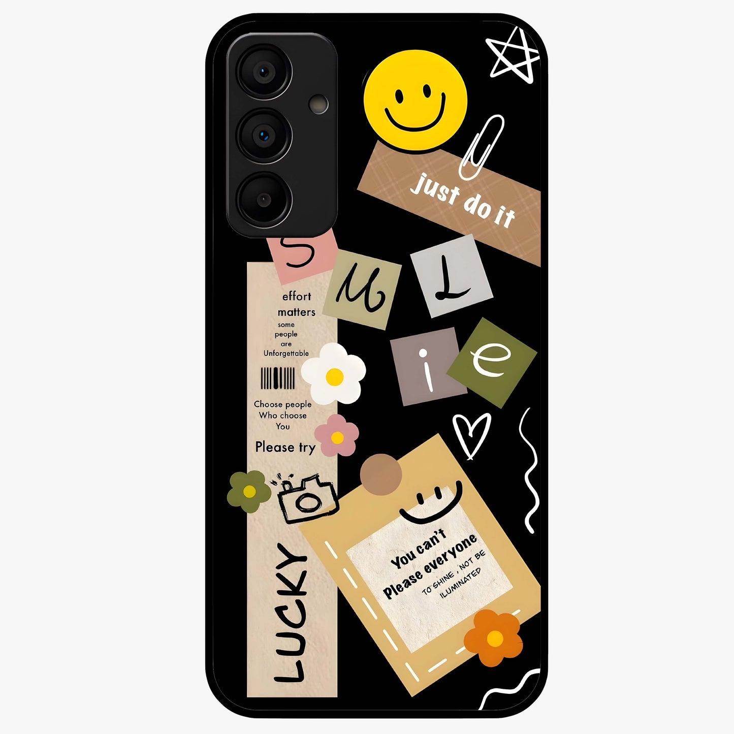 Lucky Aesthetic Collage Glass Case showing flat back view with trendy aesthetic collage artwork and glossy glass finish.