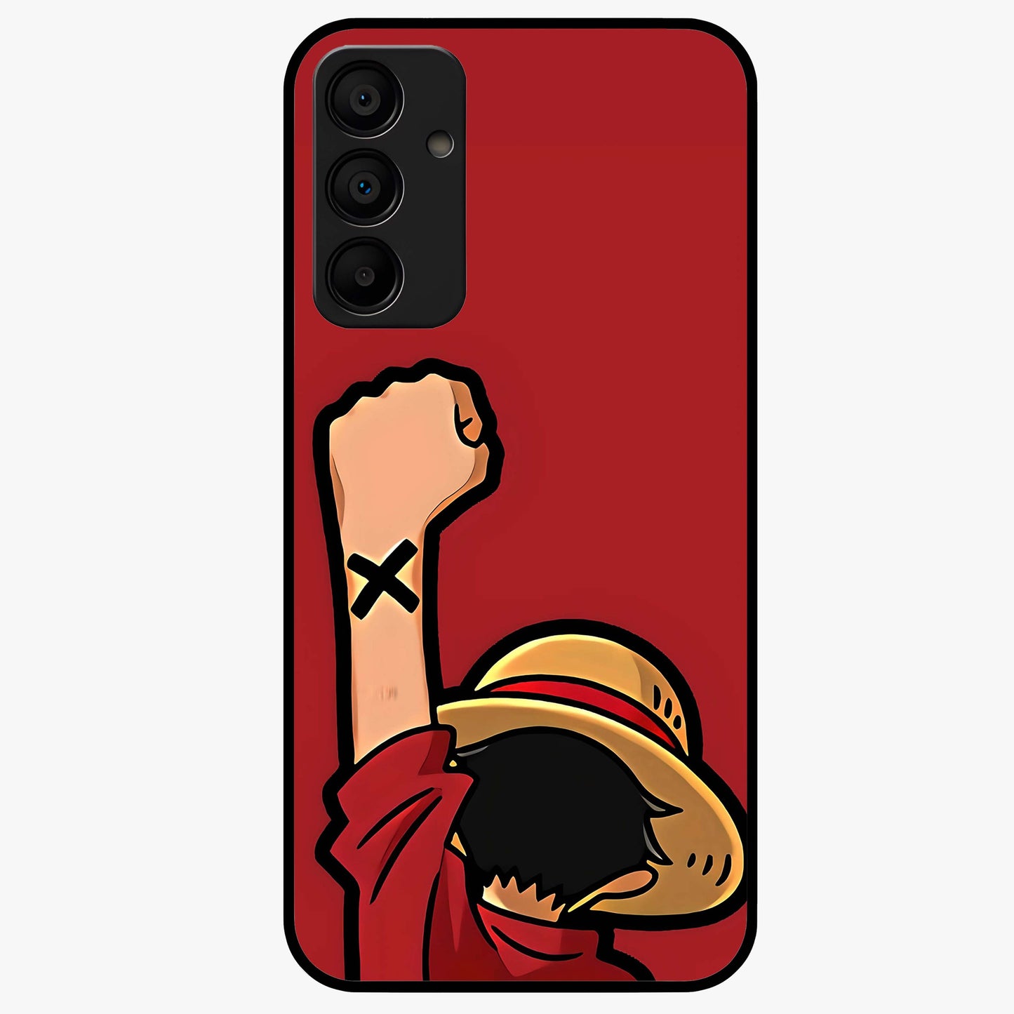 Luffy X Spirit Glass Case showing flat back view with bold anime character artwork and glossy glass finish.