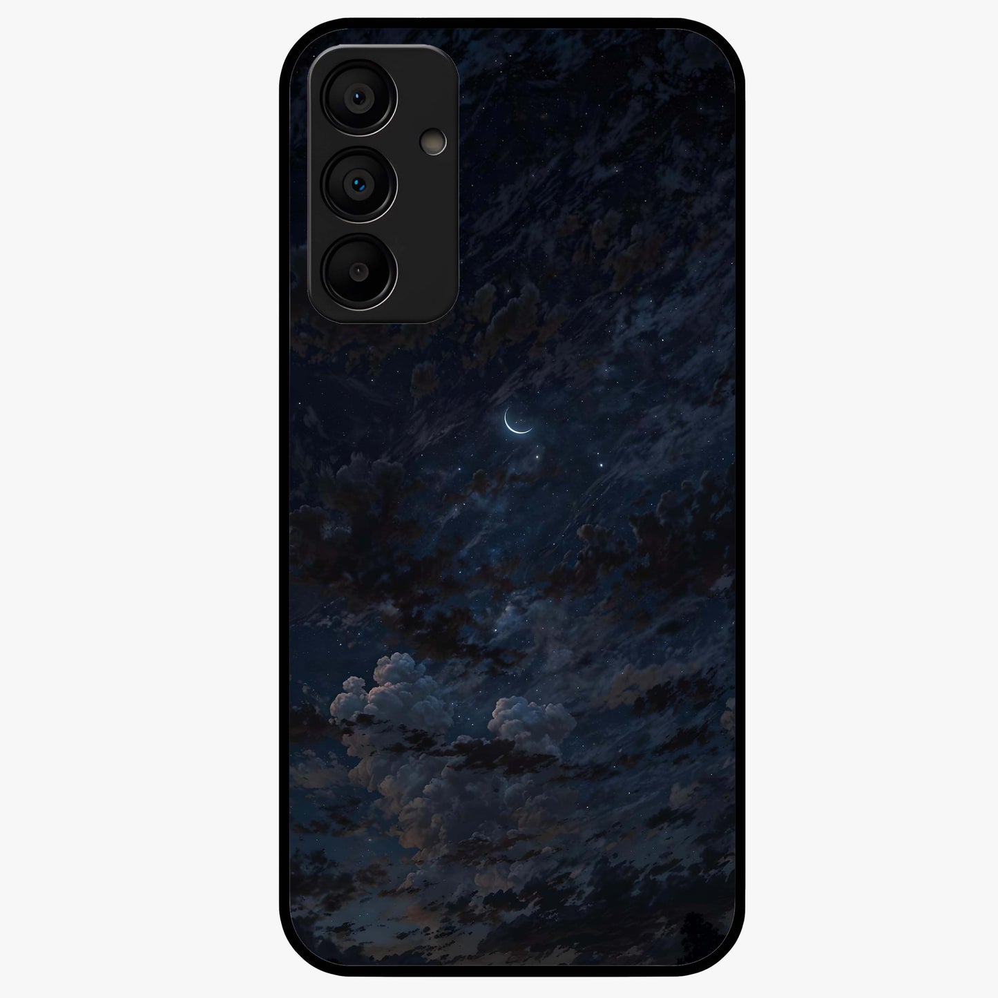 Lunar Veil Silence Glass Case showing flat back view with mystical moon veil artwork and glossy glass finish.