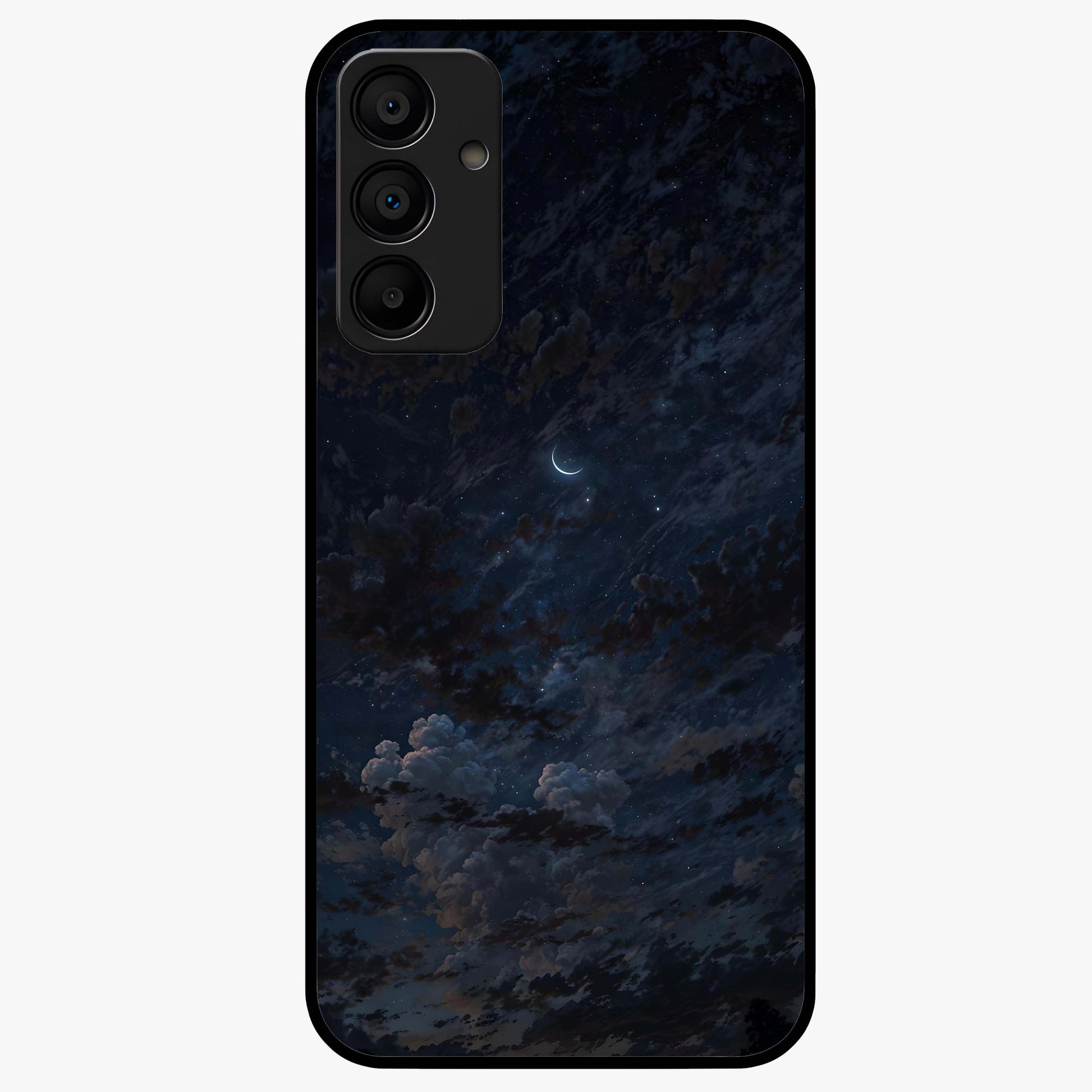 Lunar Veil Silence Glass Case showing flat back view with mystical moon veil artwork and glossy glass finish.