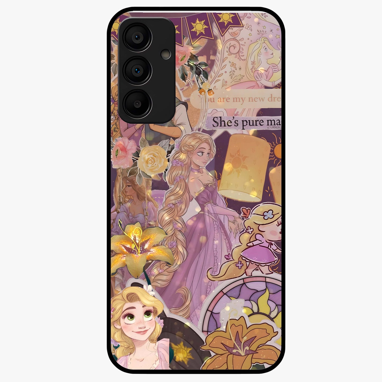 Magical Tangled Dream Glass Case showing flat back view with dreamy tangled artwork and glossy glass finish.