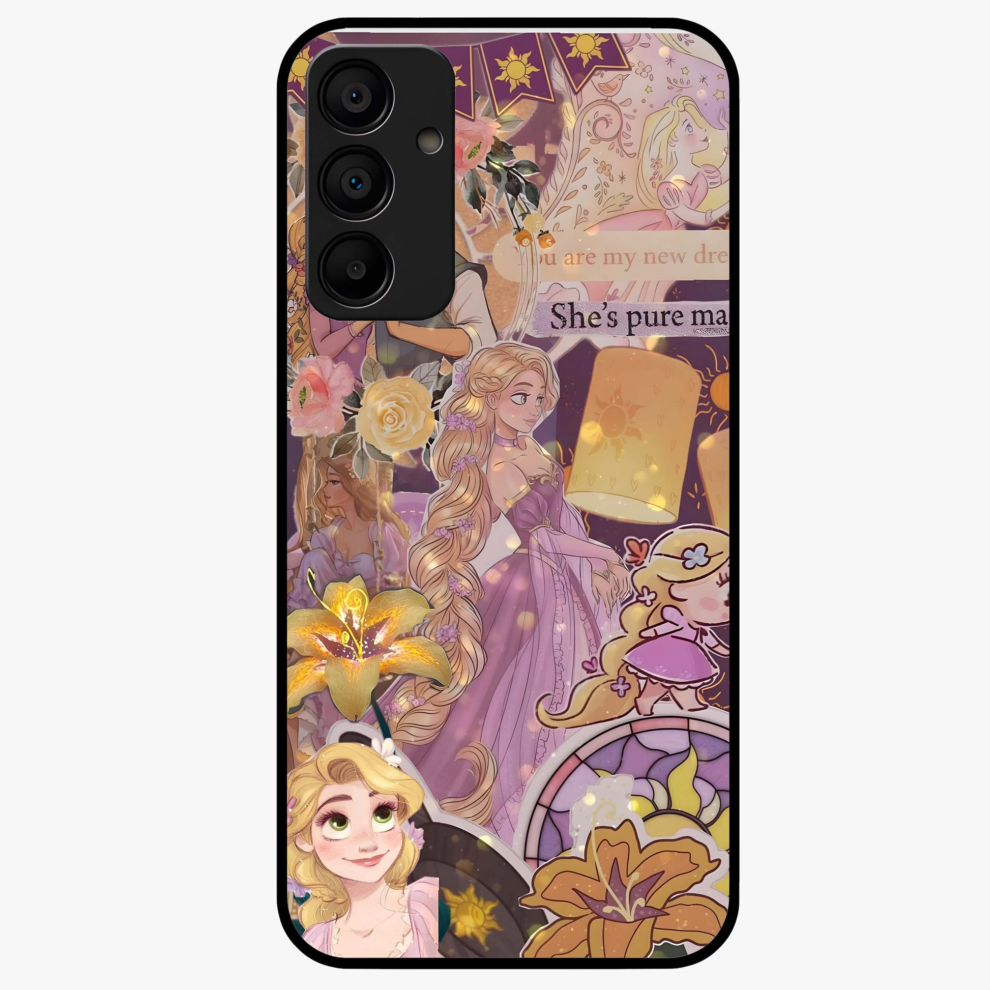 Magical Tangled Dream Glass Case showing flat back view with dreamy tangled artwork and glossy glass finish.