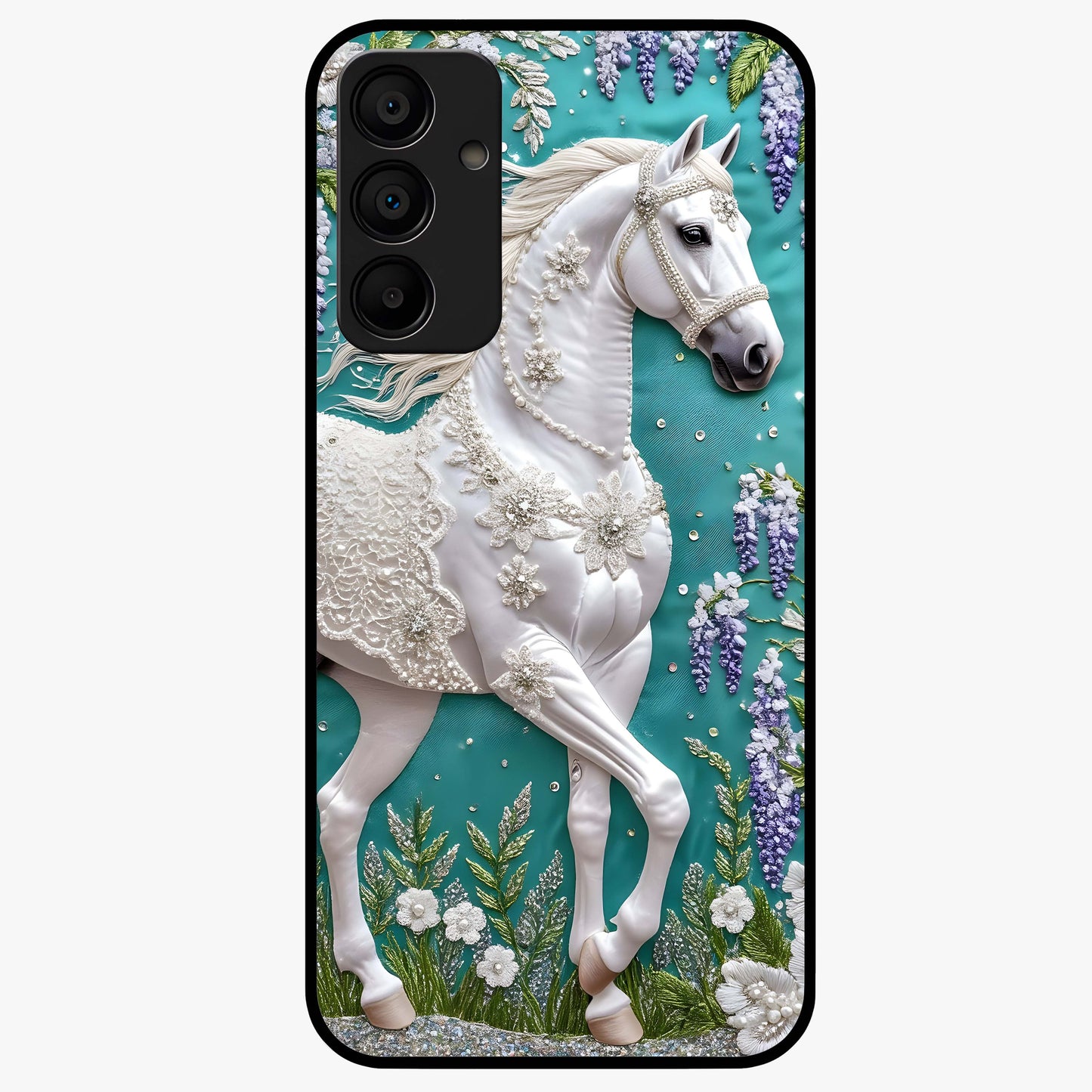 Majestic Floral Stallion Glass Case showing flat back view with powerful horse and floral artwork and glossy glass finish.