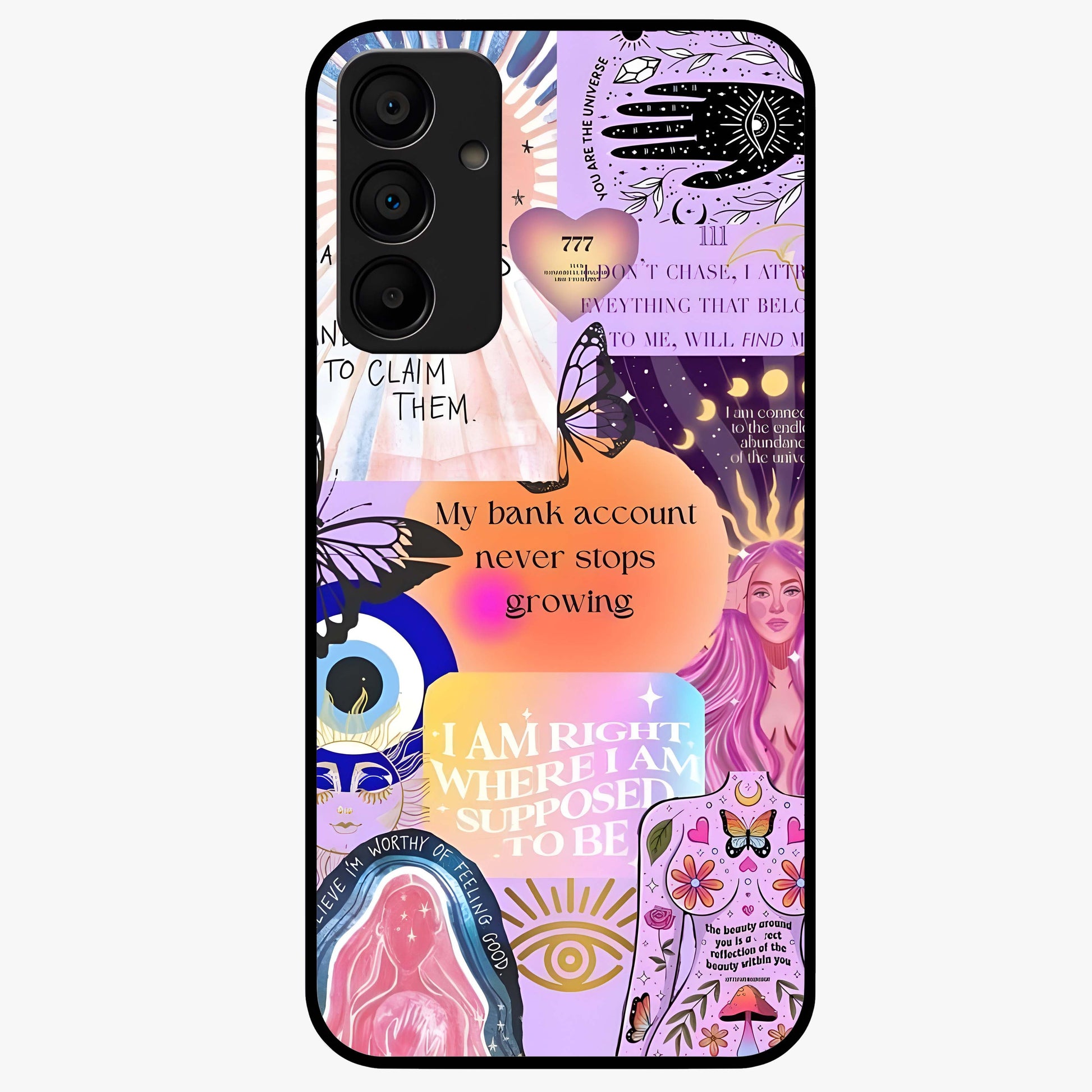 Manifestation Collage Glass Case showing flat back view with motivational collage artwork and glossy glass finish.