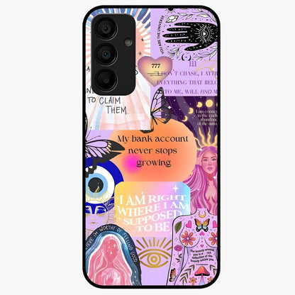 Manifestation Collage Glass Case showing flat back view with motivational collage artwork and glossy glass finish.