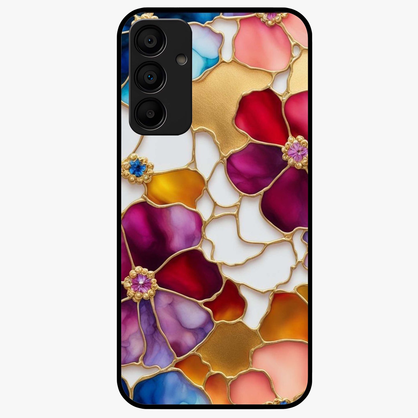 Marble Flower Pattern Glass Case showing flat back view with marble texture floral artwork and glossy glass finish.