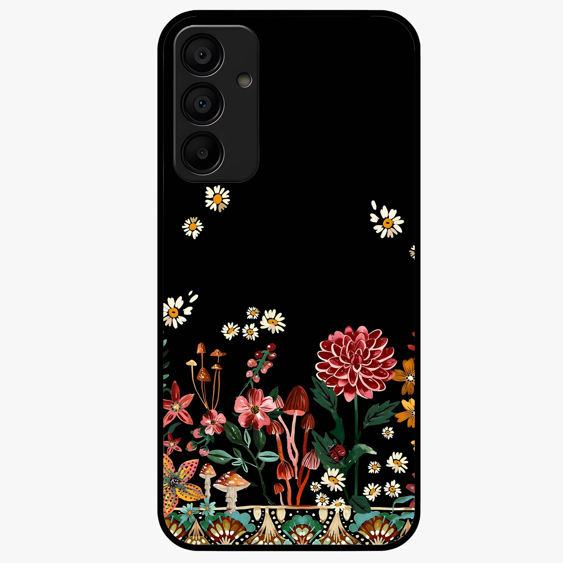 Midnight Bloom Pattern Glass Case showing flat back view with dark floral pattern artwork and glossy glass finish.