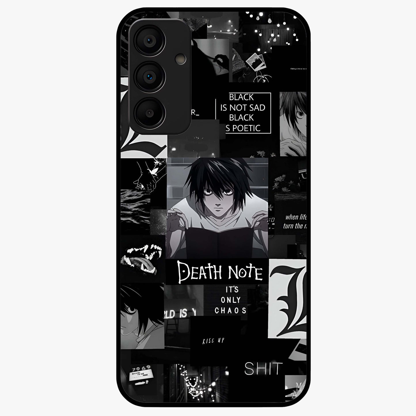 Midnight Chaos Mind Glass Case showing flat back view with abstract dark themed artwork and glossy glass finish.