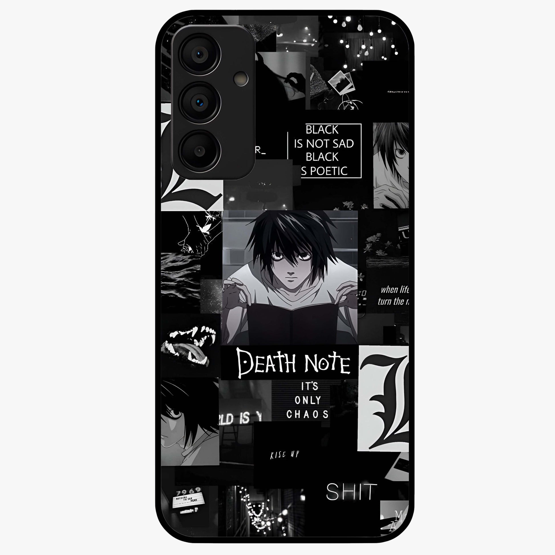 Midnight Chaos Mind Glass Case showing flat back view with abstract dark themed artwork and glossy glass finish.