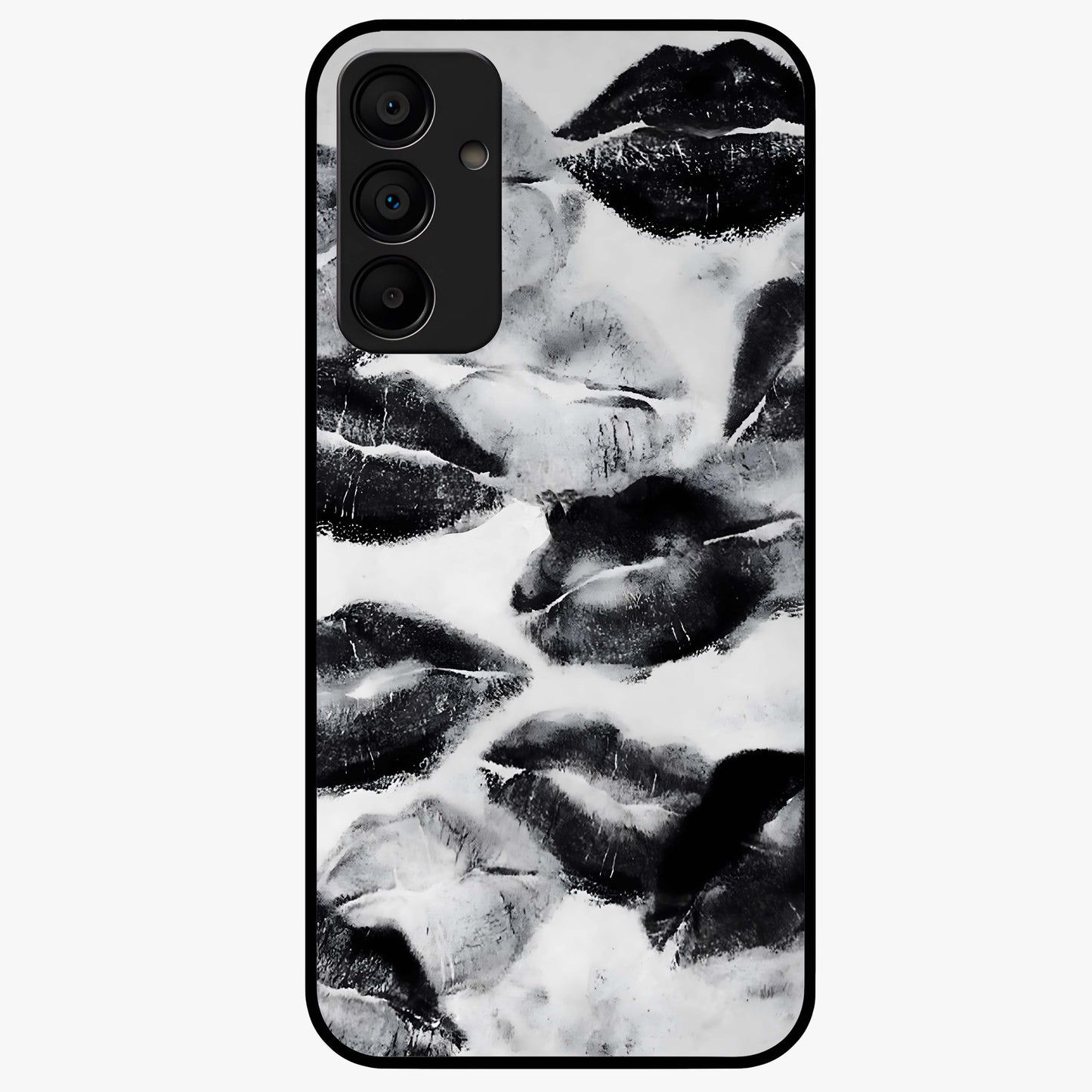 Midnight Kiss Marks Glass Case showing flat back view with lipstick kiss mark artwork and glossy glass finish.