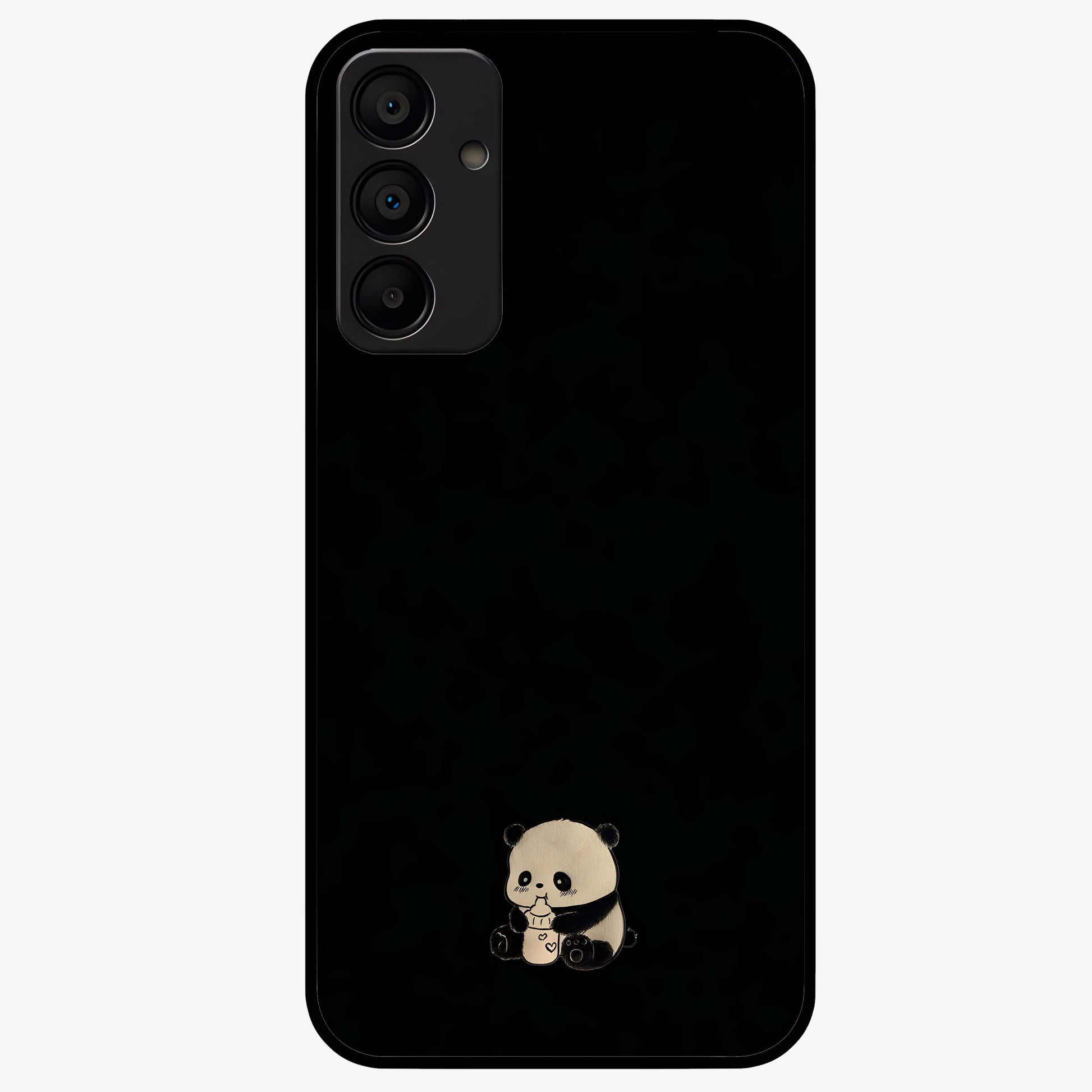 Midnight Panda Love Glass Case showing flat back view with cute panda themed artwork and glossy glass finish.