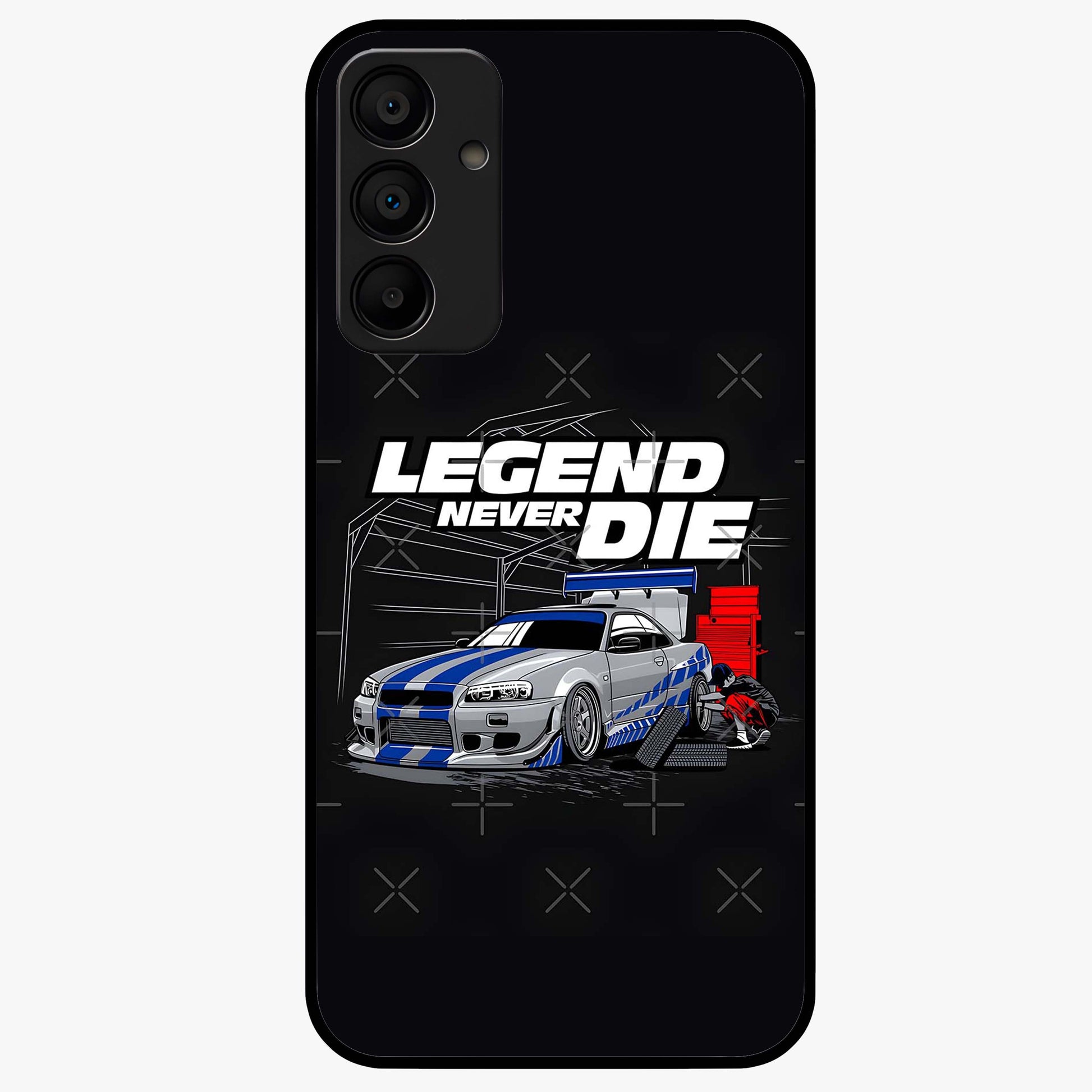 Midnight Racing Legacy Glass Case showing flat back view with sleek racing inspired artwork and glossy glass finish.