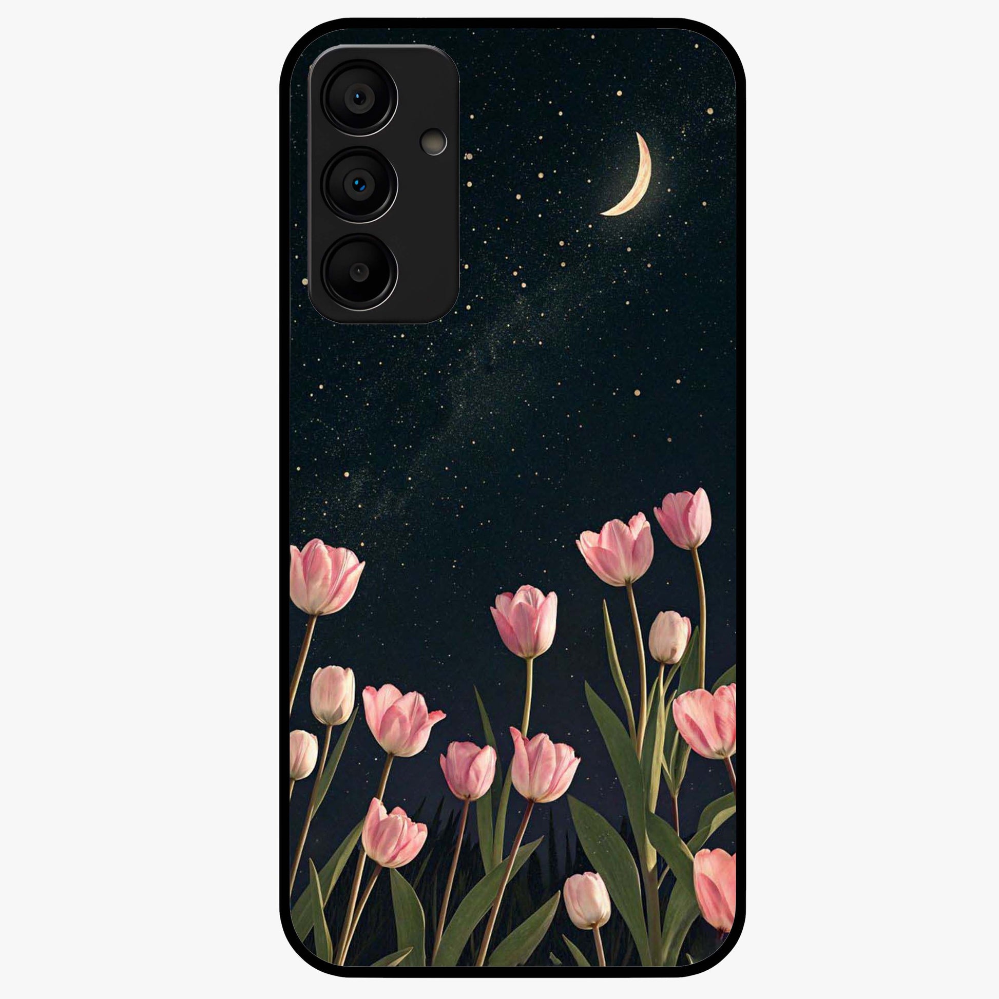 Midnight Tulip Whispers Vibe Glass Case showing flat back view with elegant tulip flower artwork and glossy glass finish.