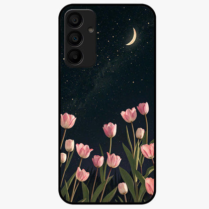 Midnight Tulip Whispers Vibe Glass Case showing flat back view with elegant tulip flower artwork and glossy glass finish.