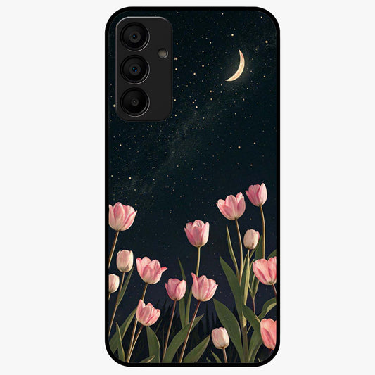 Midnight Tulip Whispers Vibe Glass Case showing flat back view with elegant tulip flower artwork and glossy glass finish.