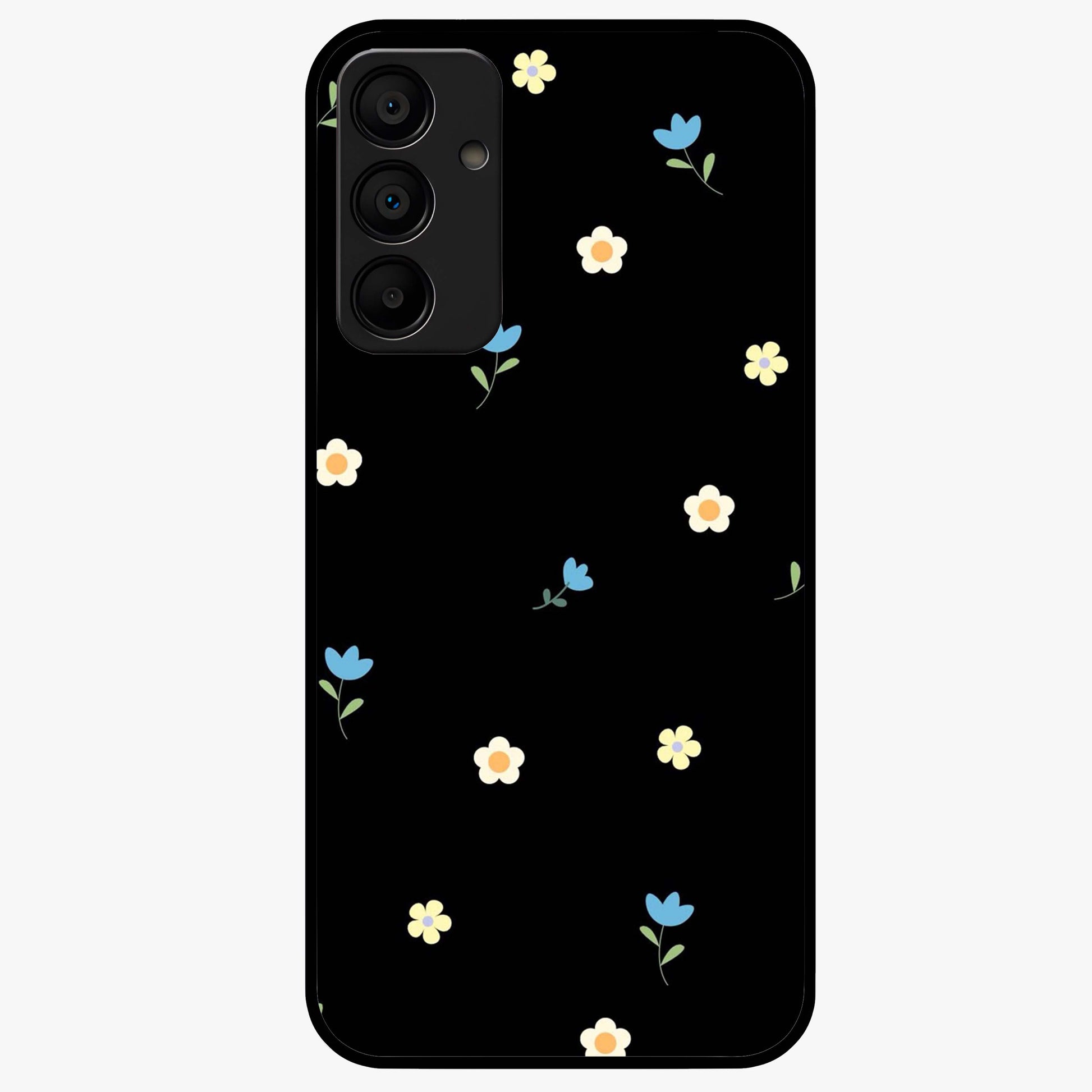 Minimalistic Blue With White Flower Pattern Glass Case showing flat back view with blue background and white flower pattern and glossy glass finish.