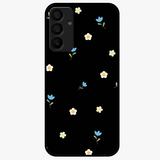 Minimalistic Blue With White Flower Pattern Glass Case showing flat back view with blue background and white flower pattern and glossy glass finish.