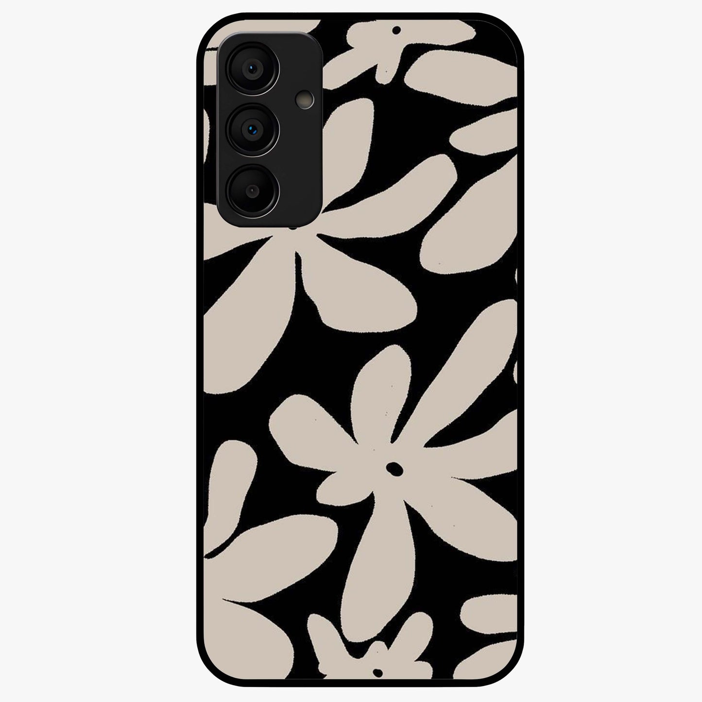 Monochrome Petal Dance Glass Case showing flat back view with monochrome floral artwork and glossy glass finish.