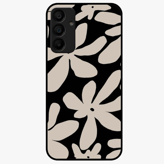 Monochrome Petal Dance Glass Case showing flat back view with monochrome floral artwork and glossy glass finish.