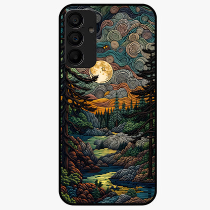 Moonlight Forest Dream Glass Case showing flat back view with mystical forest moonlight artwork and glossy glass finish.