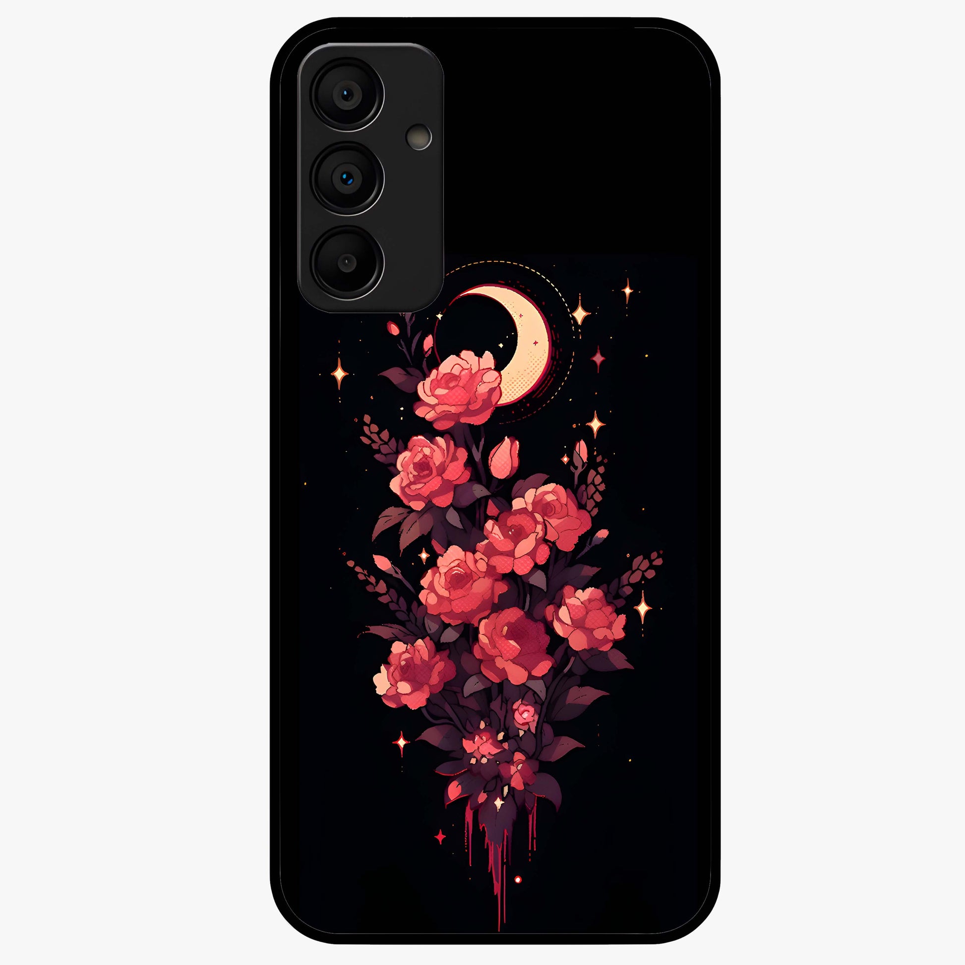 Moonlit Floral Elegance Glass Case showing flat back view with elegant floral artwork under moonlit tones and glossy glass finish.