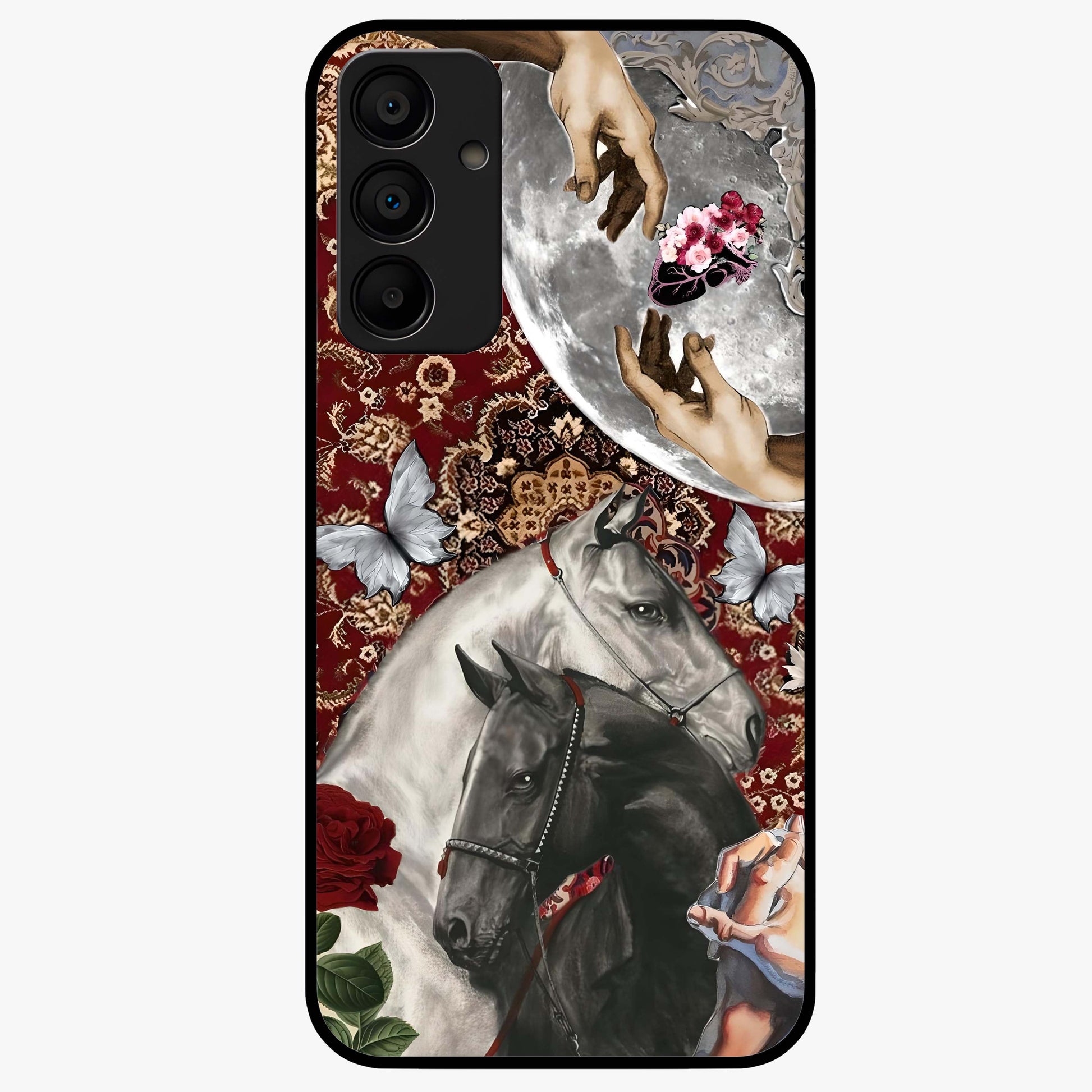 Moonlit Royal Stallion Glass Case showing flat back view with majestic horse under moonlight artwork and glossy glass finish.