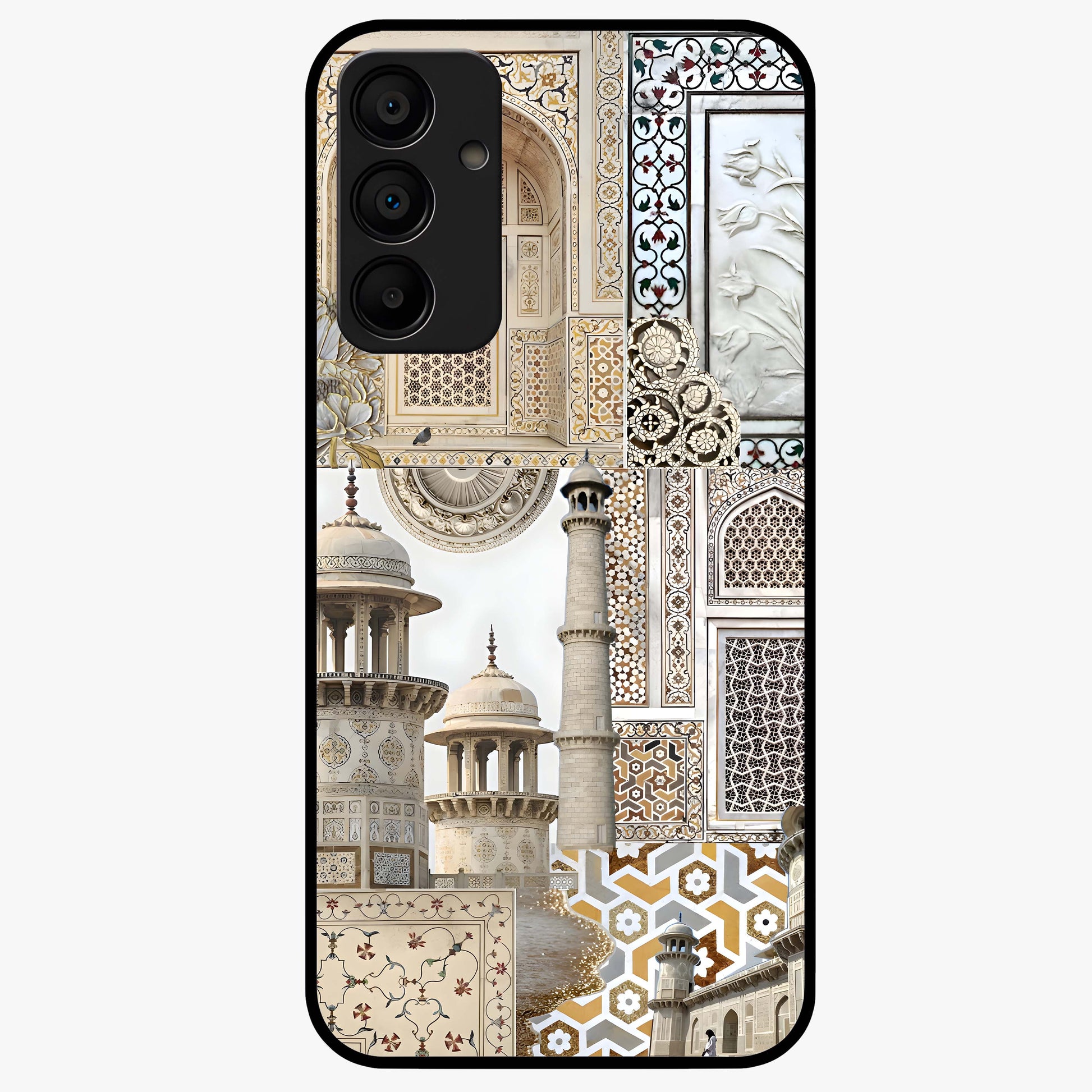 Mughal Marble Legacy Glass Case showing flat back view with intricate Mughal inspired marble pattern and glossy glass finish.
