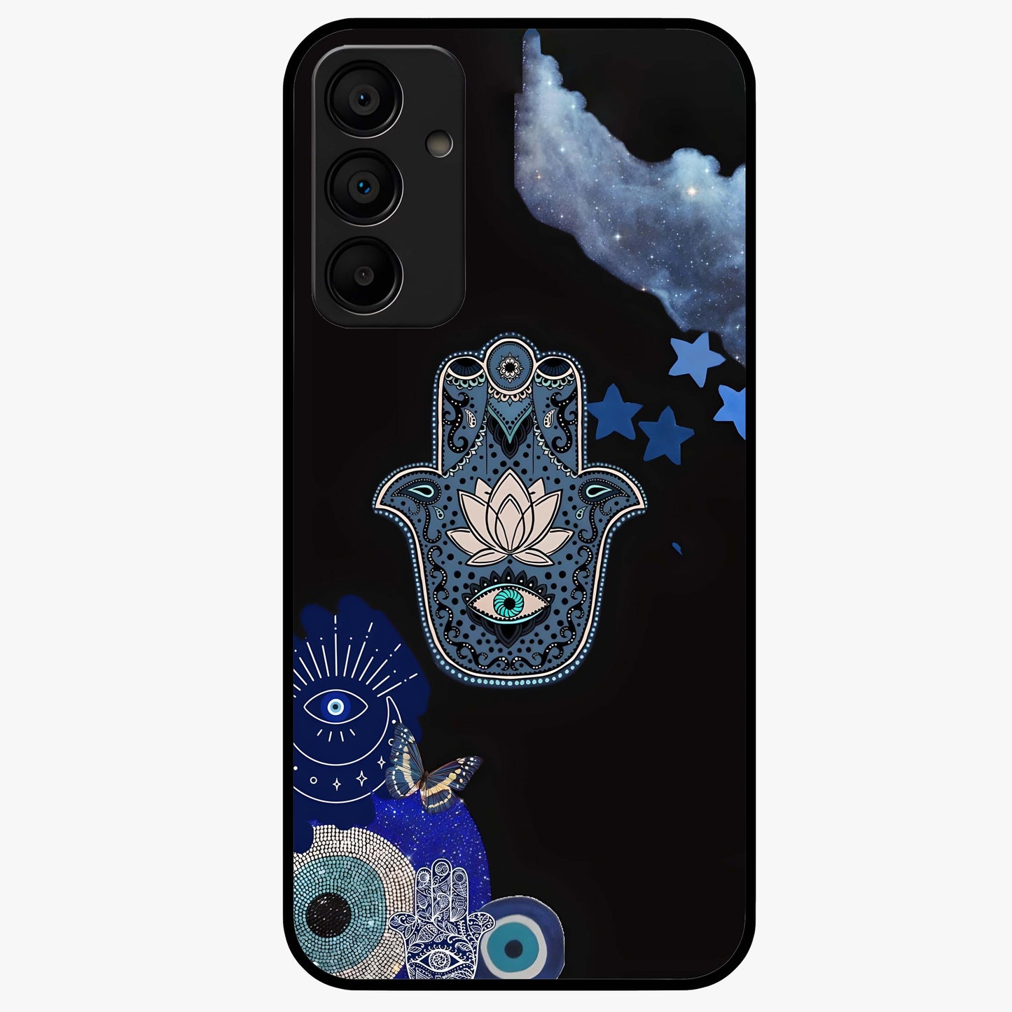 Mystic Hand Aura Glass Case showing flat back view with mystical hand symbol artwork and glossy glass finish.